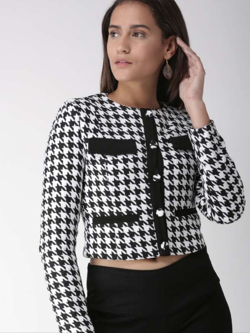 Black & White Houndstooth Cropped Jacket